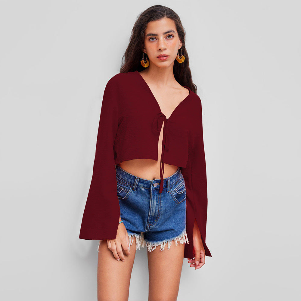 European And American Sexy V-neck T-shirt Autumn And Winter Chest Tie Small Batch Wine Red Cardigan Women