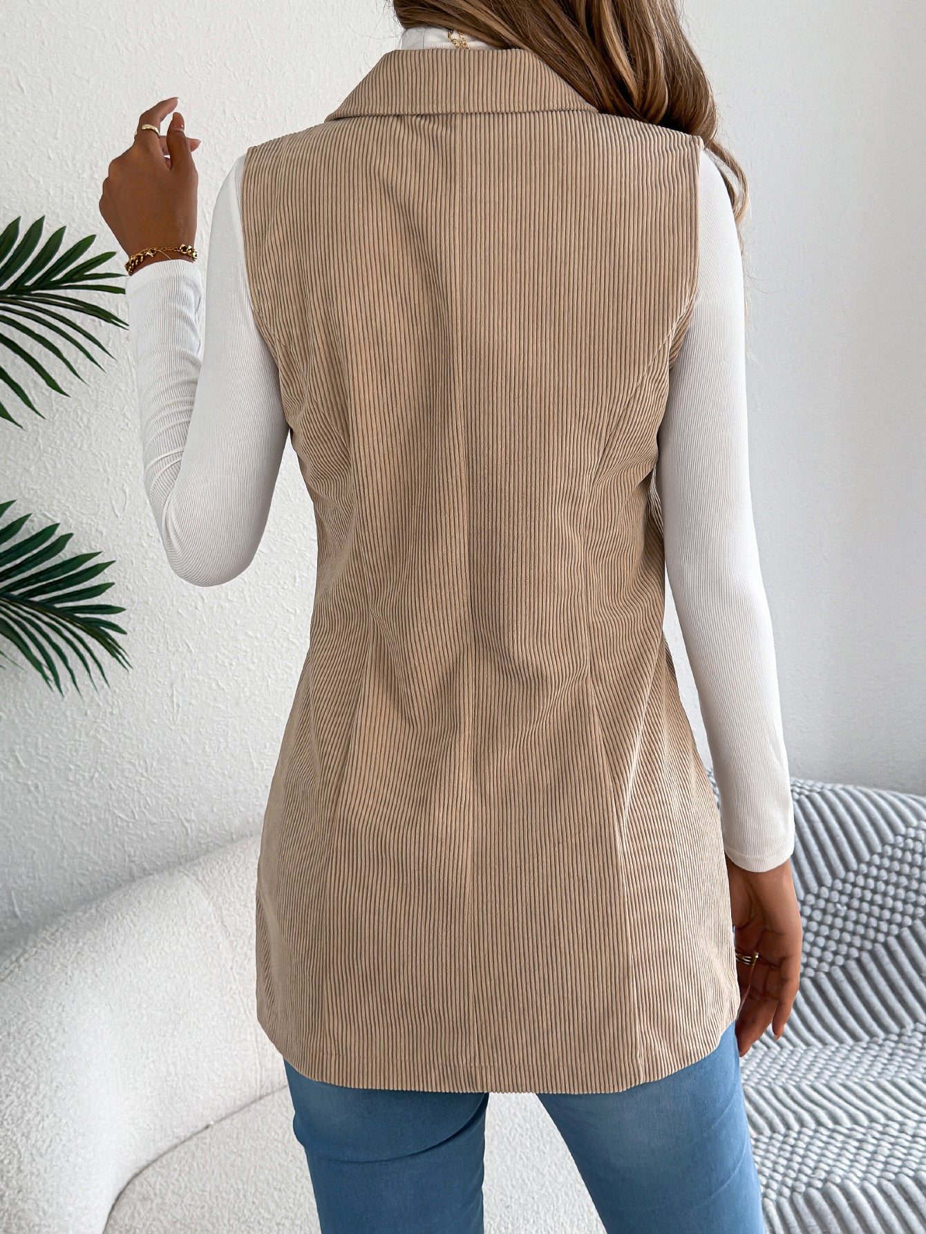 Women's Casual Single-Breasted Blazer Lapel Corduroy Vest Jacket