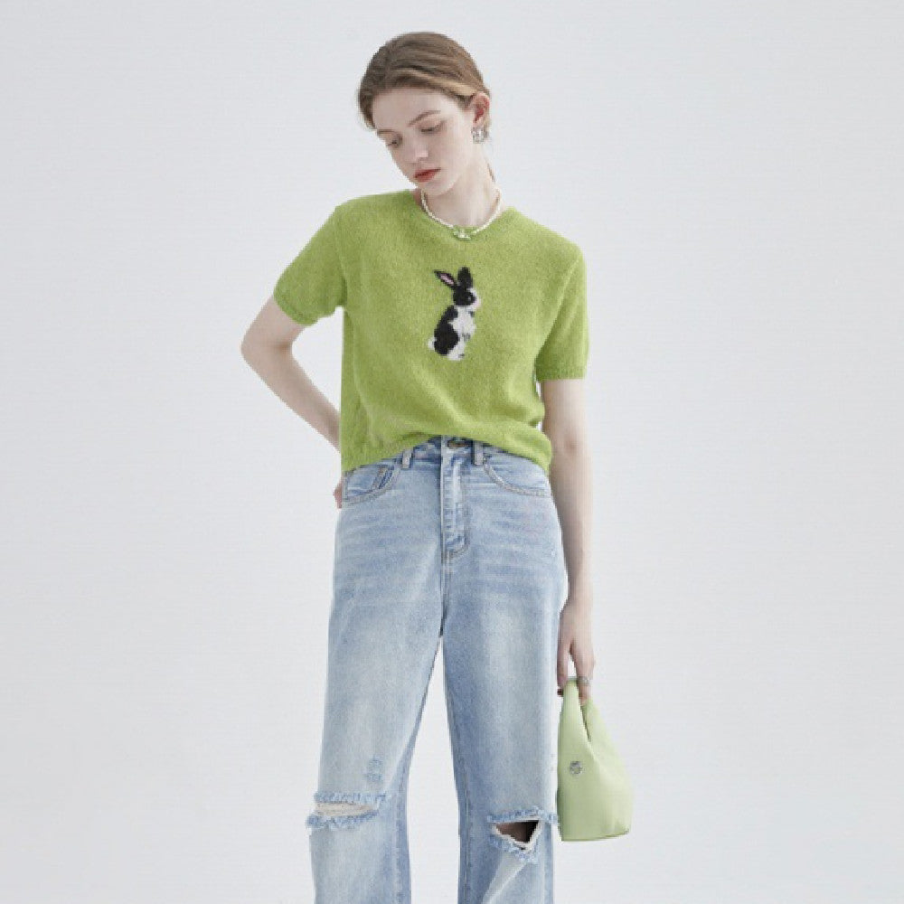 Rabbit Print Round Neck Fashion Short Sleeves
