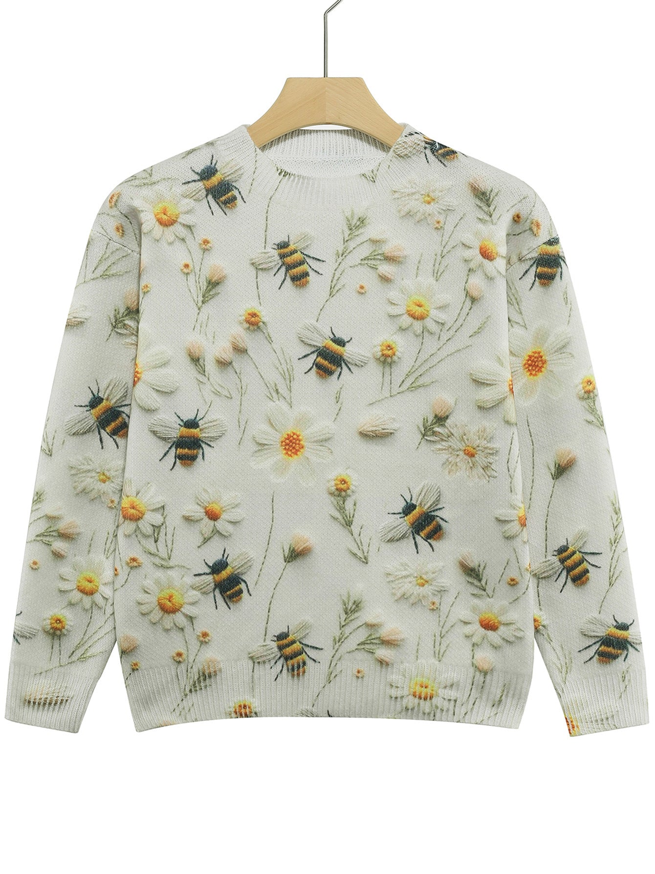 Women's Knitted Sweater Sweater Round Neck Printed Bee Flower Top