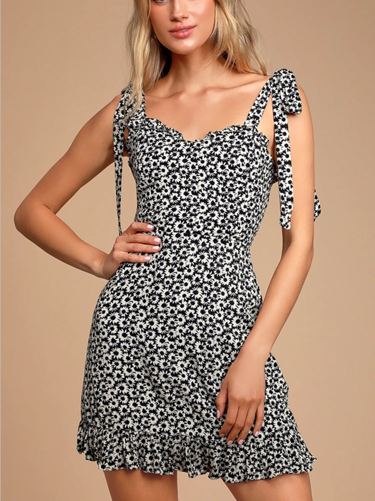 Women's Black Floral Flounces Hem Printing