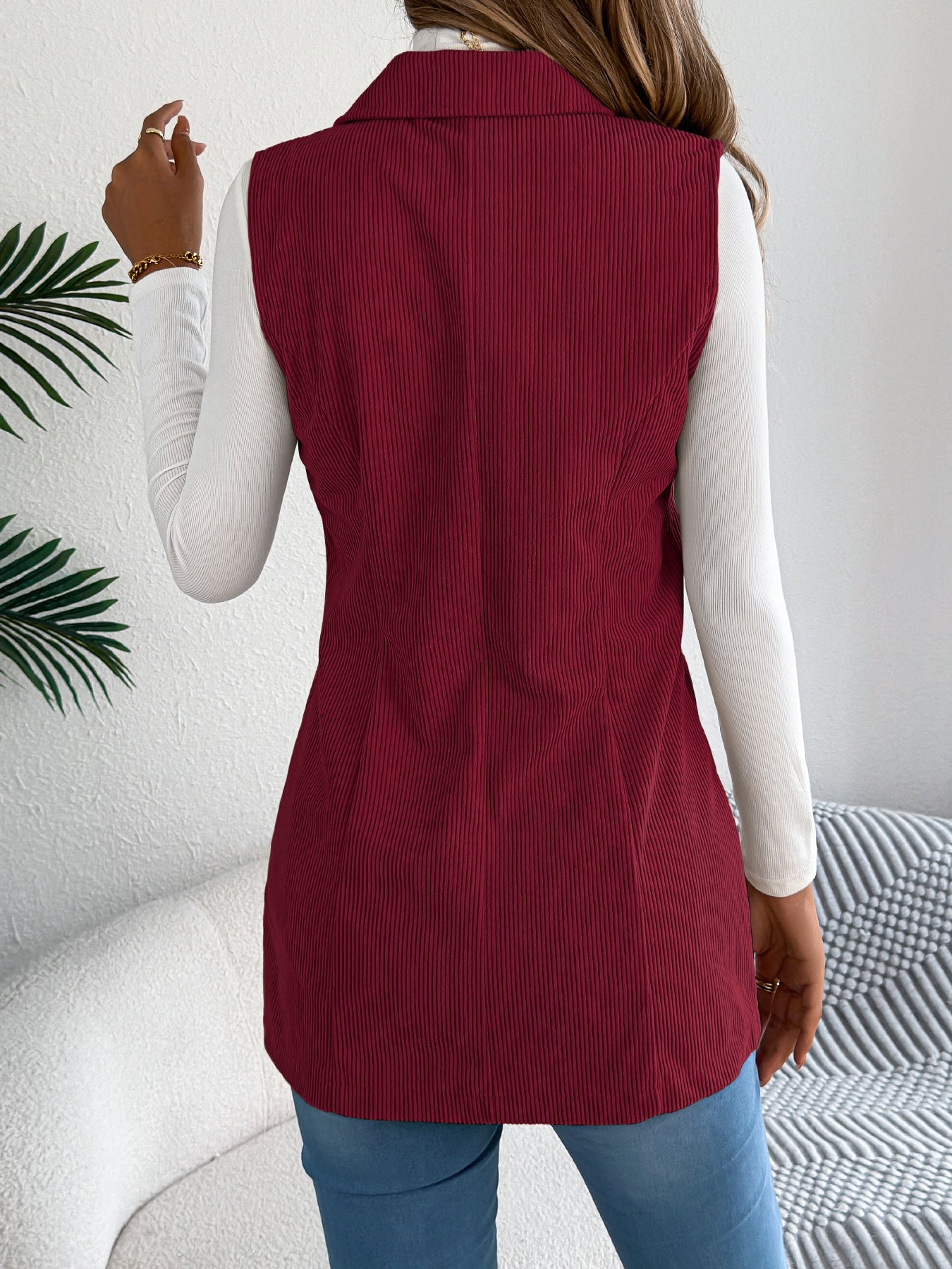 Women's Casual Single-Breasted Blazer Lapel Corduroy Vest Jacket