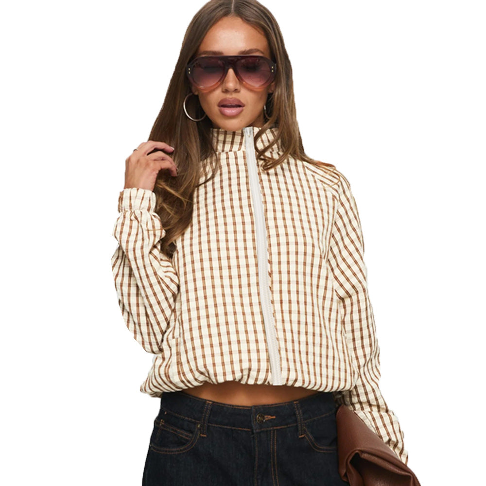 Women's Checkered Zipper Long Sleeve Coat