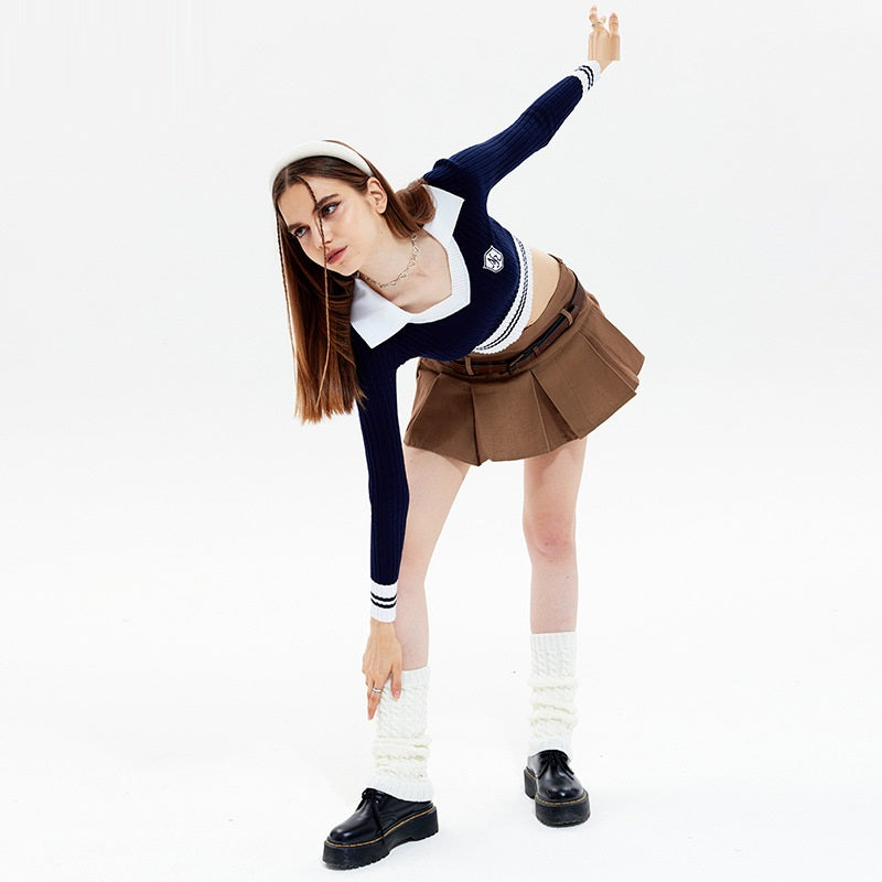 Women's Preppy Style Colorblock Long-sleeved Knitted Short Slim Top