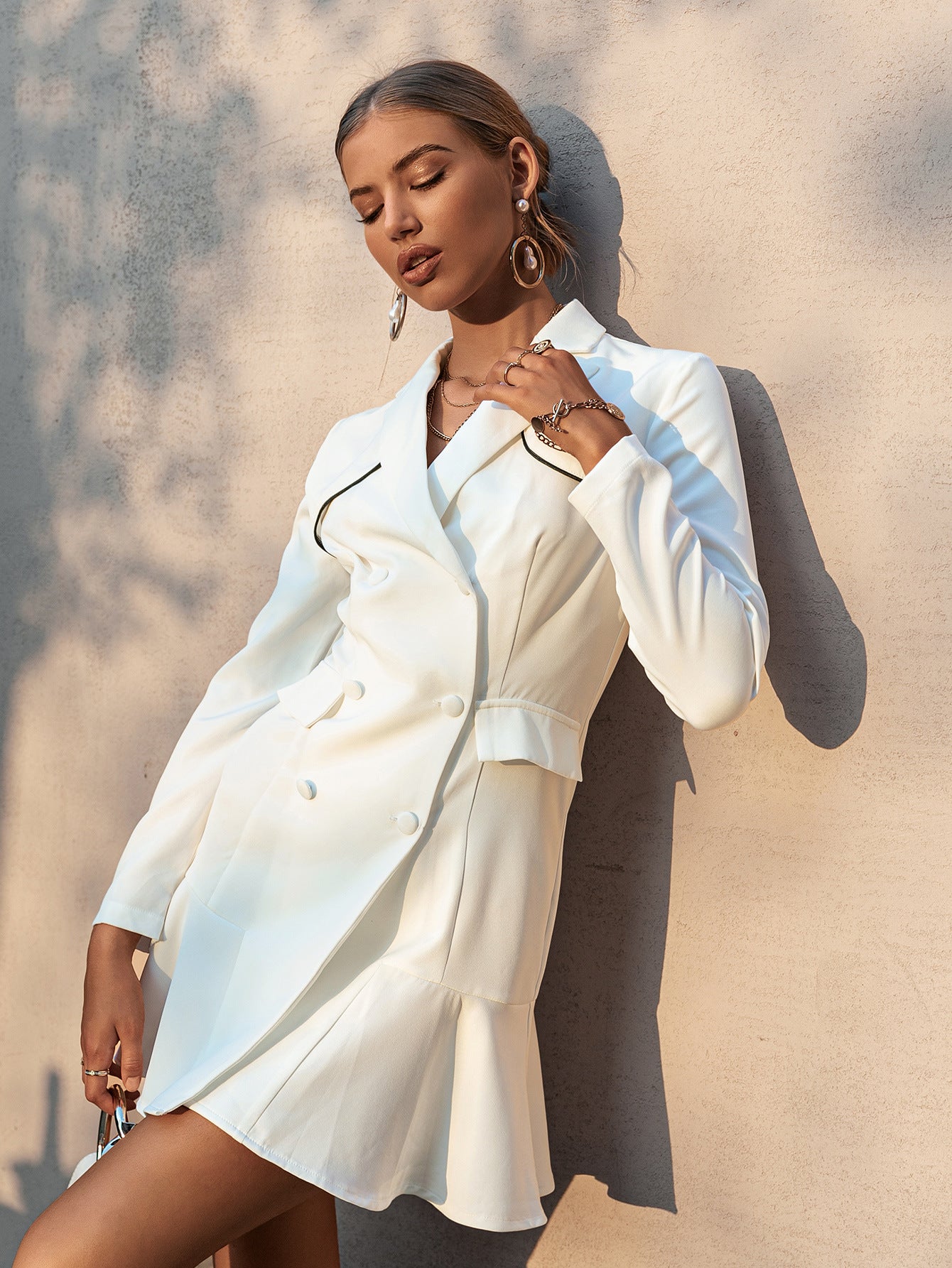 Women's V-neck Frill Long-sleeved Suit Mini Skirt