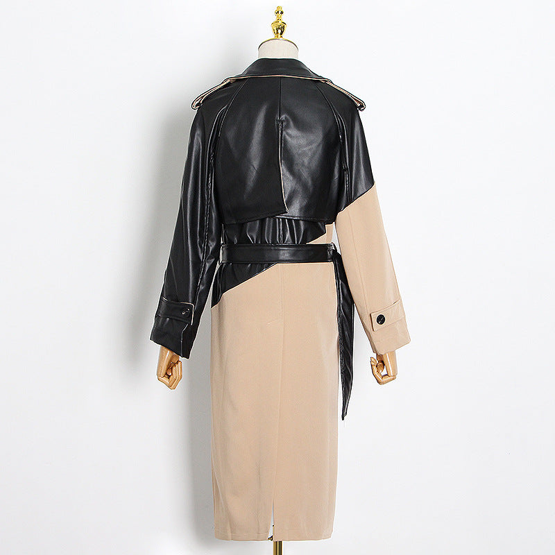 Suit collar stitching leather trench coat over the knee