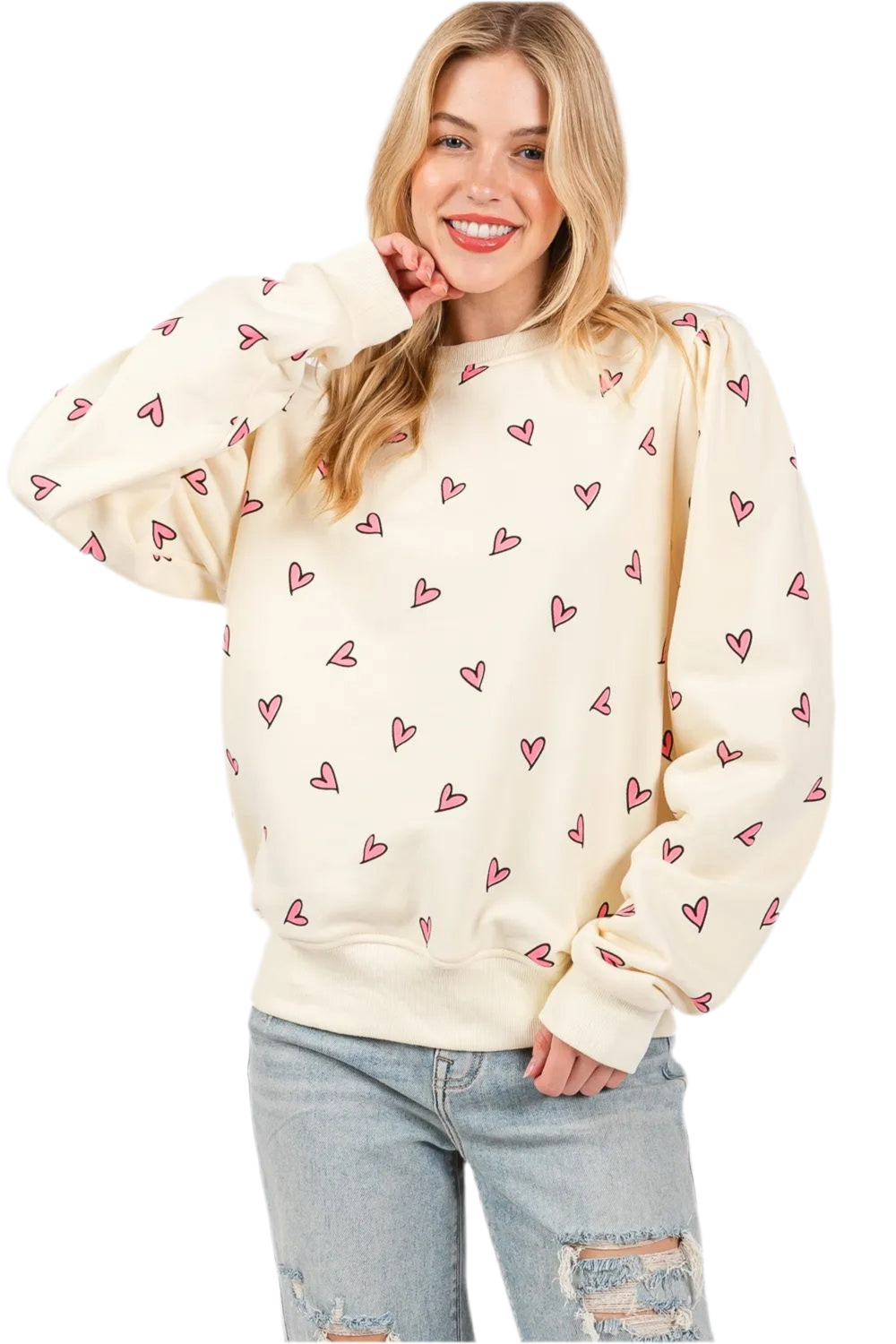 SAGE FIG Heart Printed Contrast Long Sleeve Sweatshirt