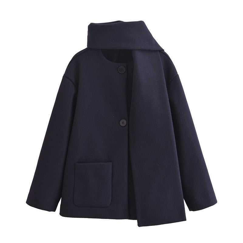 European And American Style Women's New Elegant Mixed Scarf Round Neck Coat