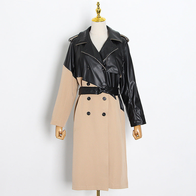 Suit collar stitching leather trench coat over the knee