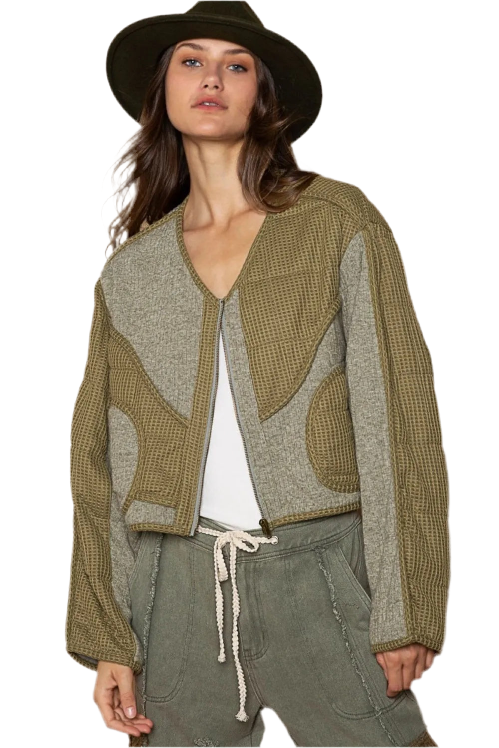 POL Quilted Knit Viding Detail Knit Patch Jacket