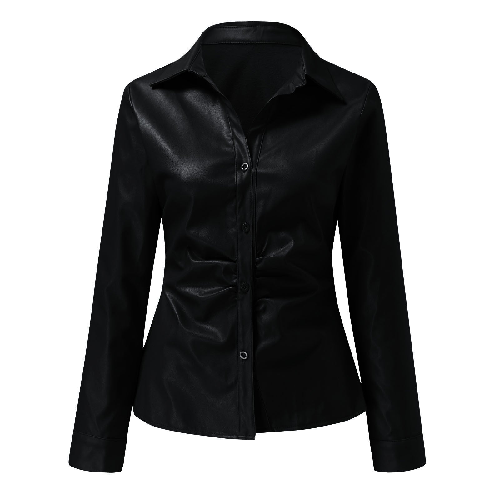 Long Sleeve V-Neck PU Leather Panel Ladies Shirt