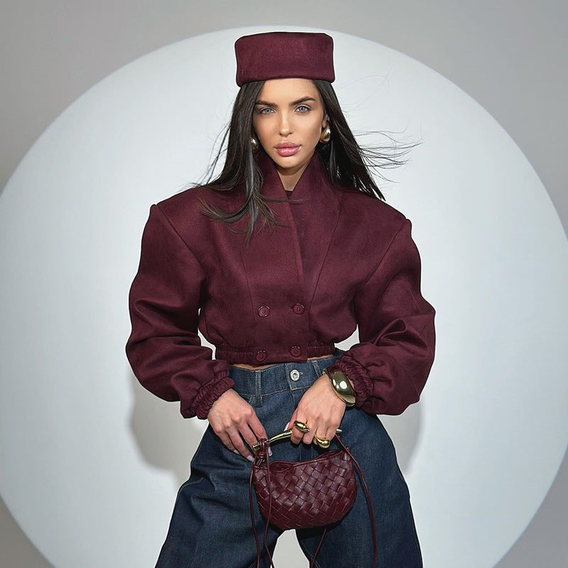 Women's 2025 Spring New Fashion Slim-Fit Wine Red V-Neck Double-Breasted Long Sleeve Short Jacket