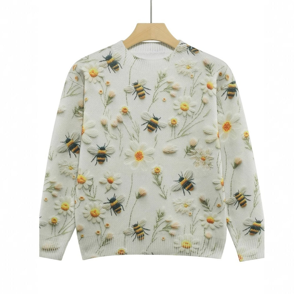 Women's Knitted Sweater Sweater Round Neck Printed Bee Flower Top