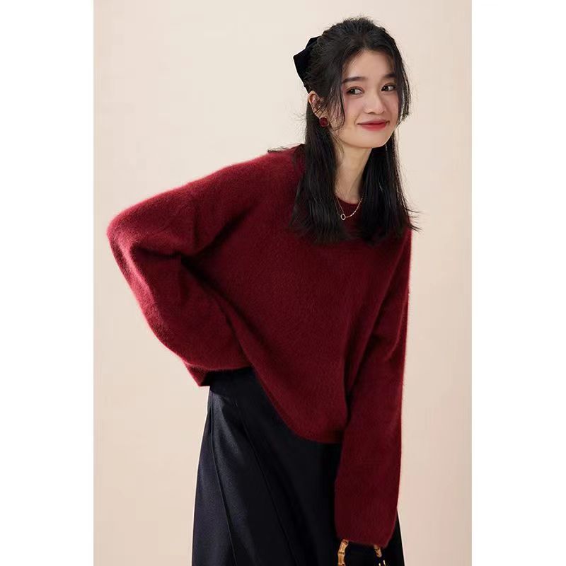 Red Pullover Women's Fall And Winter Outer Wear Mid-length Comfortable Retro Slit Knit Sweater