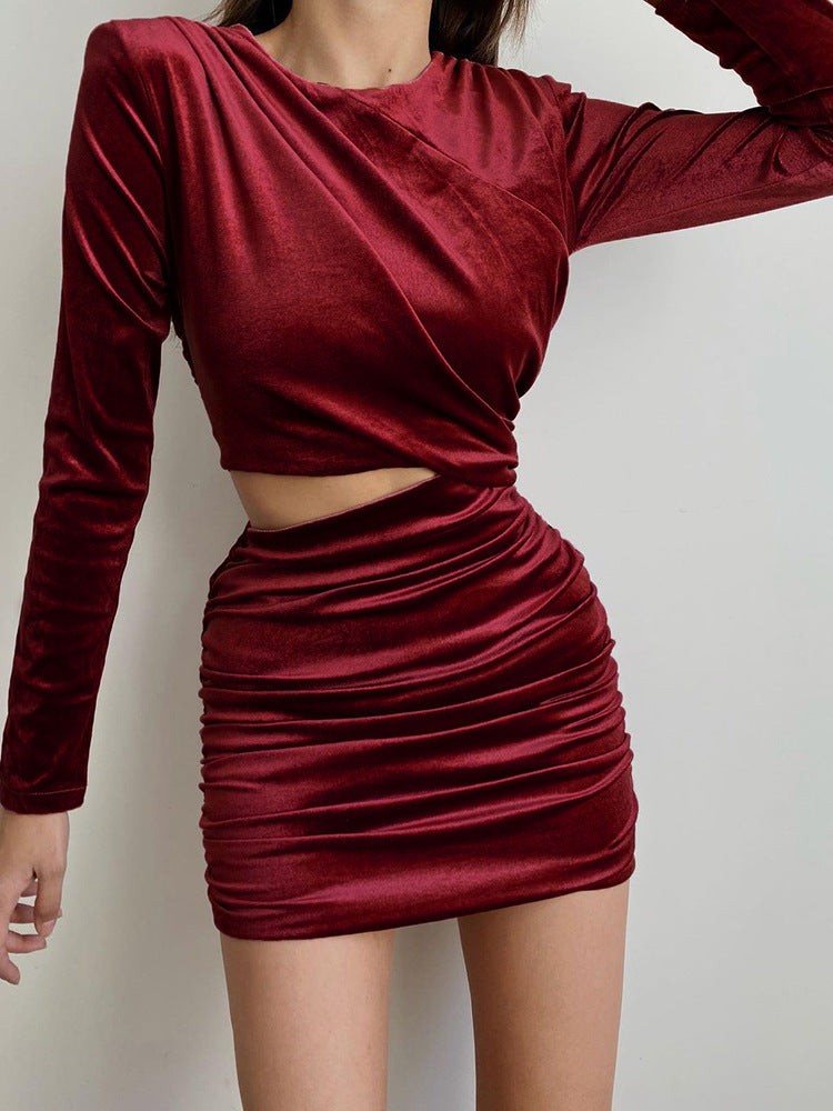 Suede Shoulder Cutout Gathered Long Sleeve Pack Hip Dress