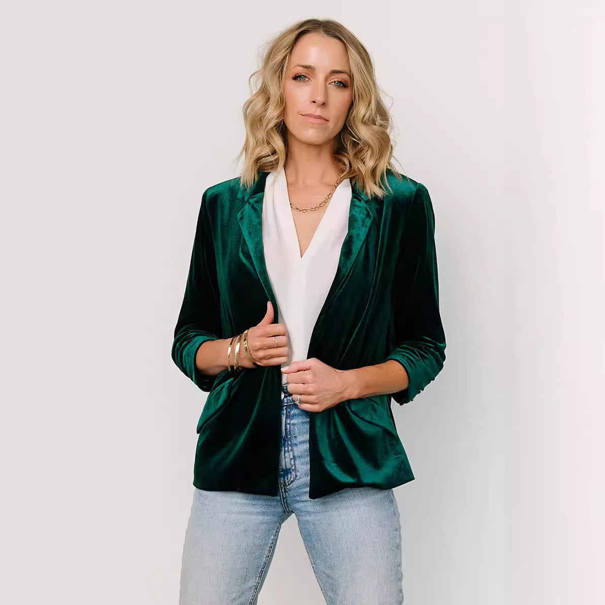 Women's Gold Velvet Diagonal Pocket Lapel Long Sleeve Suit