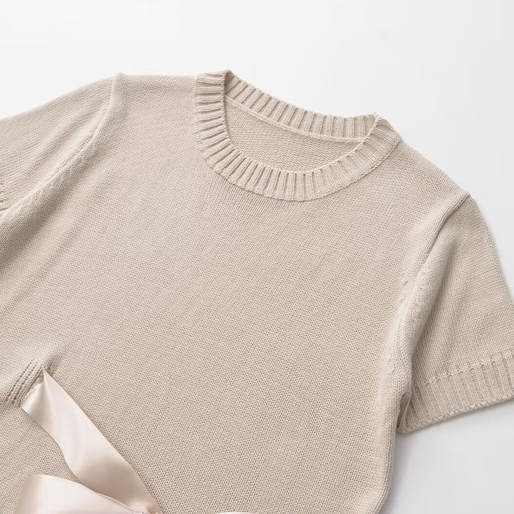 Women's Fashion Round Neck Bowknot Short Sleeve Thin Sweater