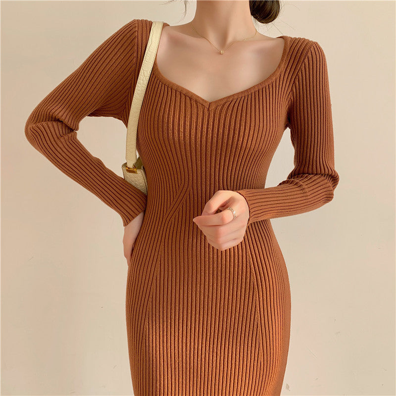 French Slim Knit Dress With Peach Heart Collar