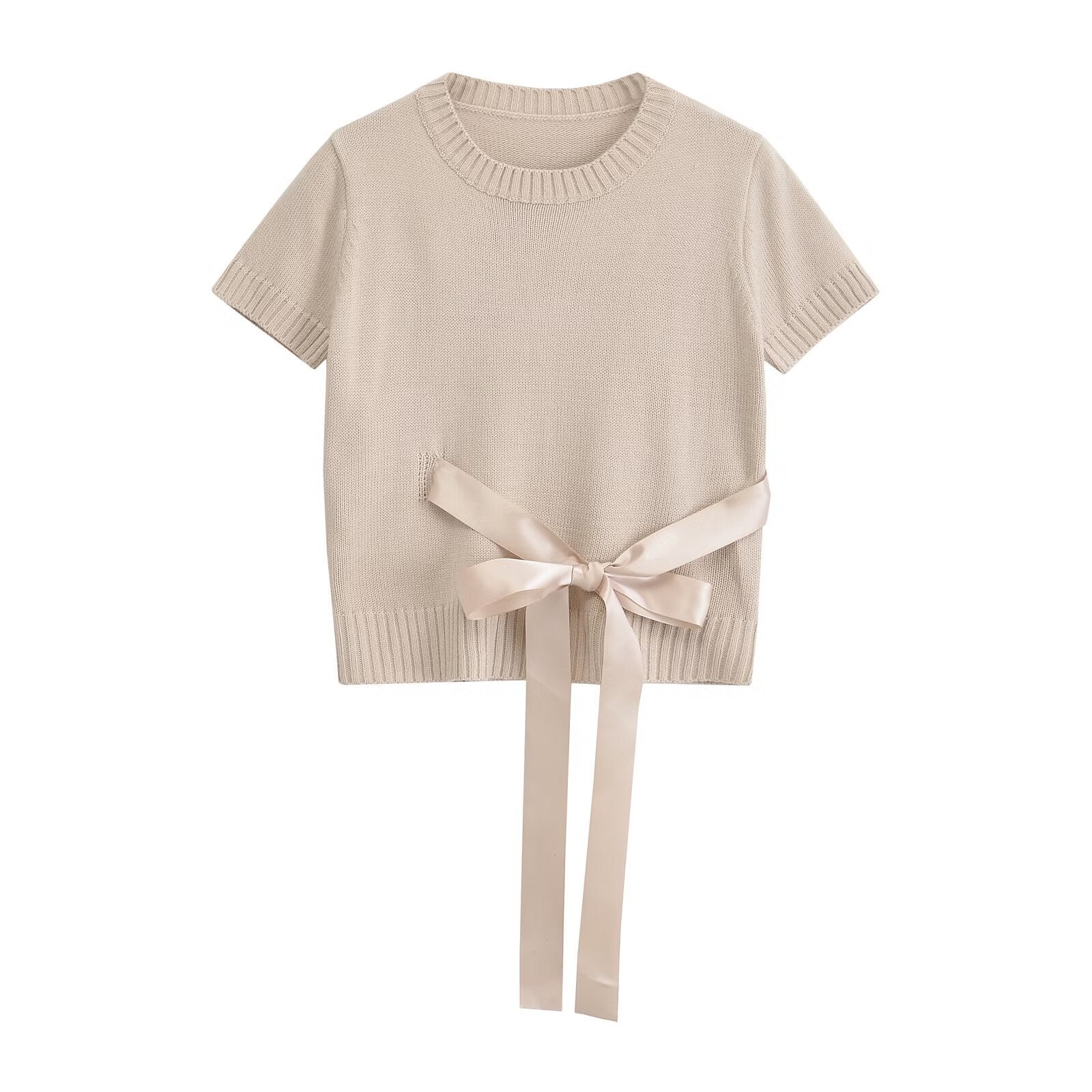 Women's Fashion Round Neck Bowknot Short Sleeve Thin Sweater