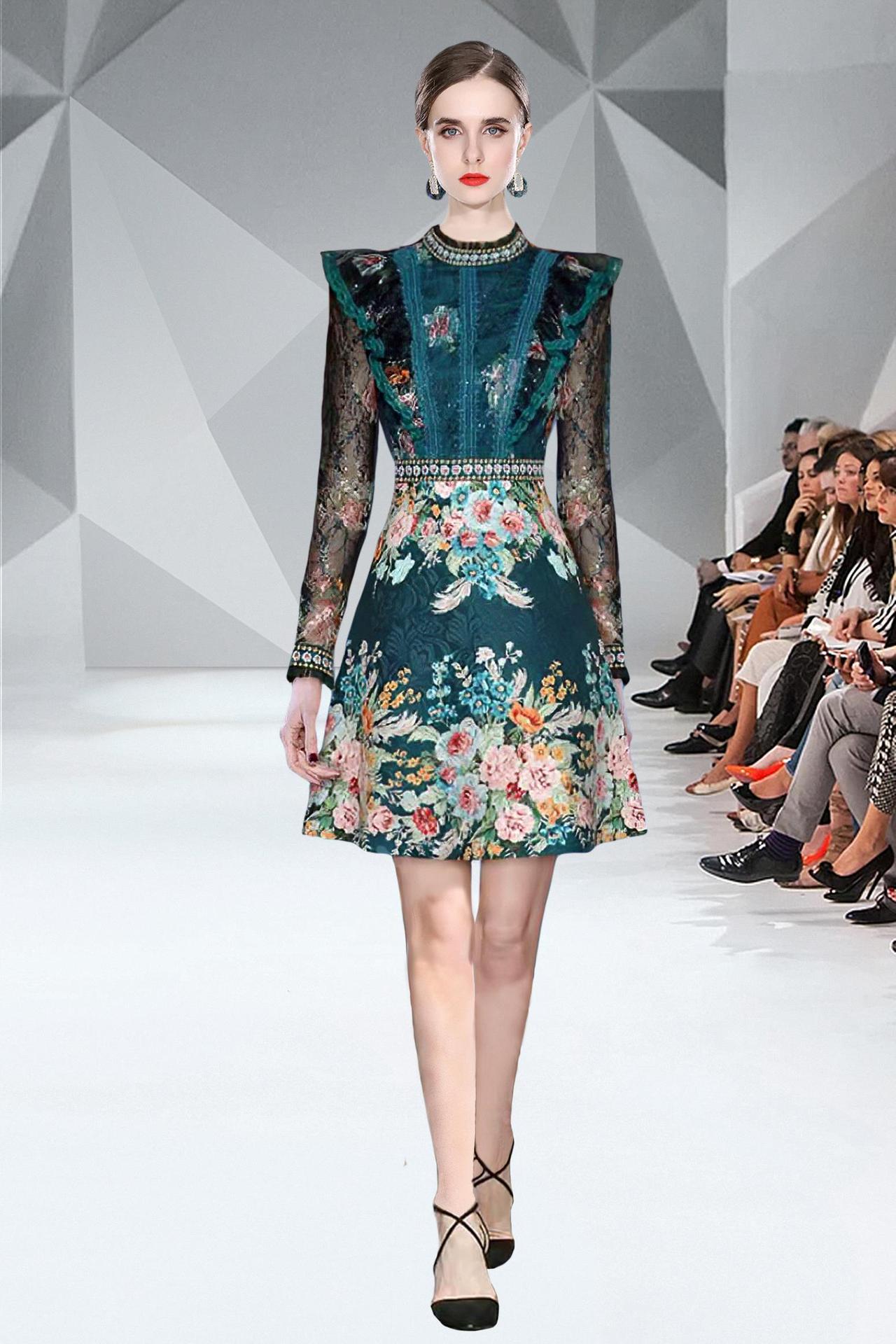 Women's Lace Panel Heavy Duty Beaded Jacquard Dress