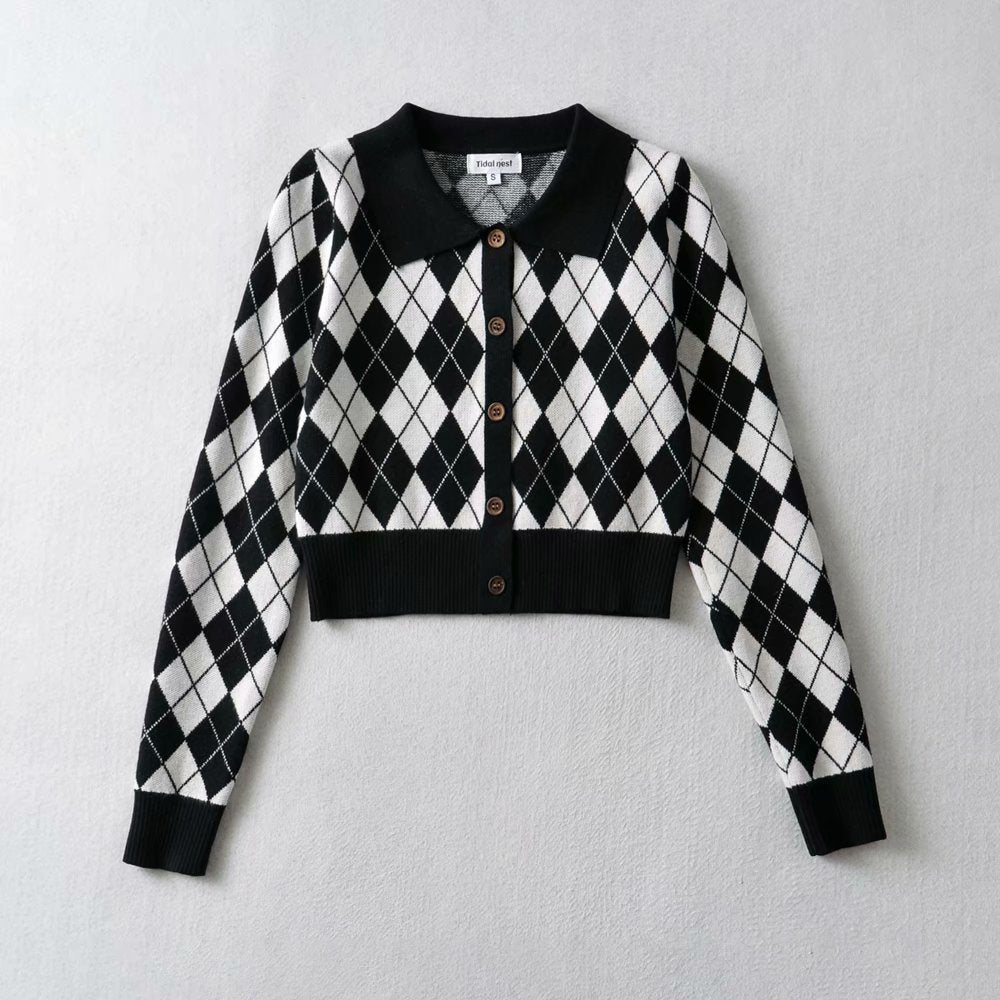 Women's Long Sleeve Diamond Polo Collar Knitted Sweater Coat