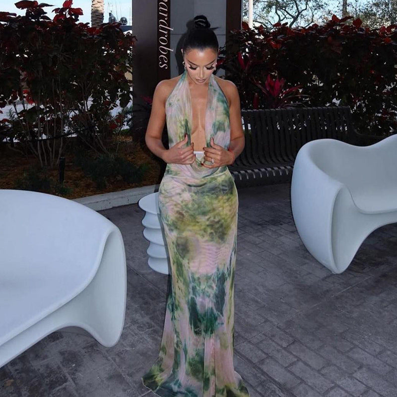 2pcs Tie Dye Printing Deep V-neck Suits Fashion Halter dress