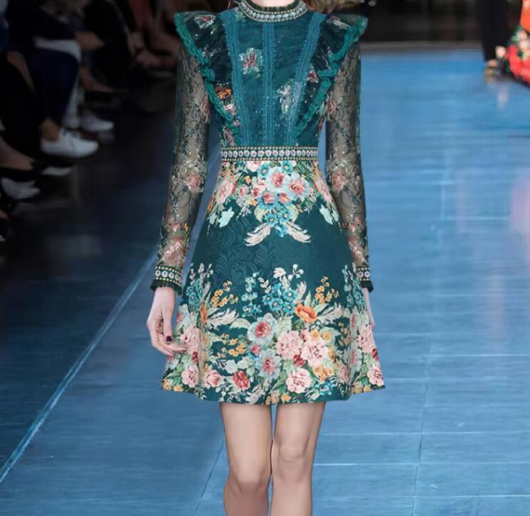 Women's Lace Panel Heavy Duty Beaded Jacquard Dress