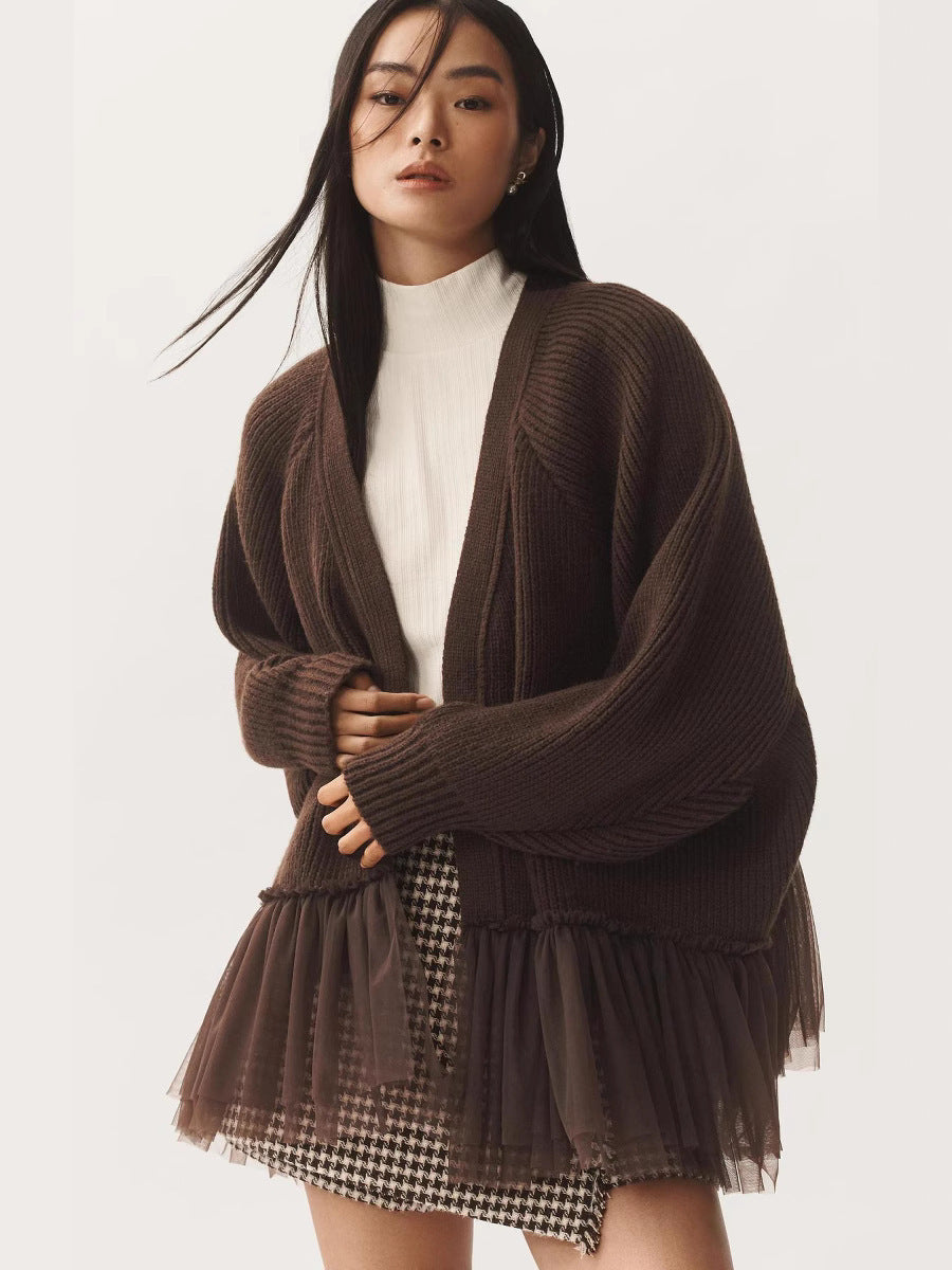 Ruffled Gauze Knitting Sweater Cardigan Long Sleeve