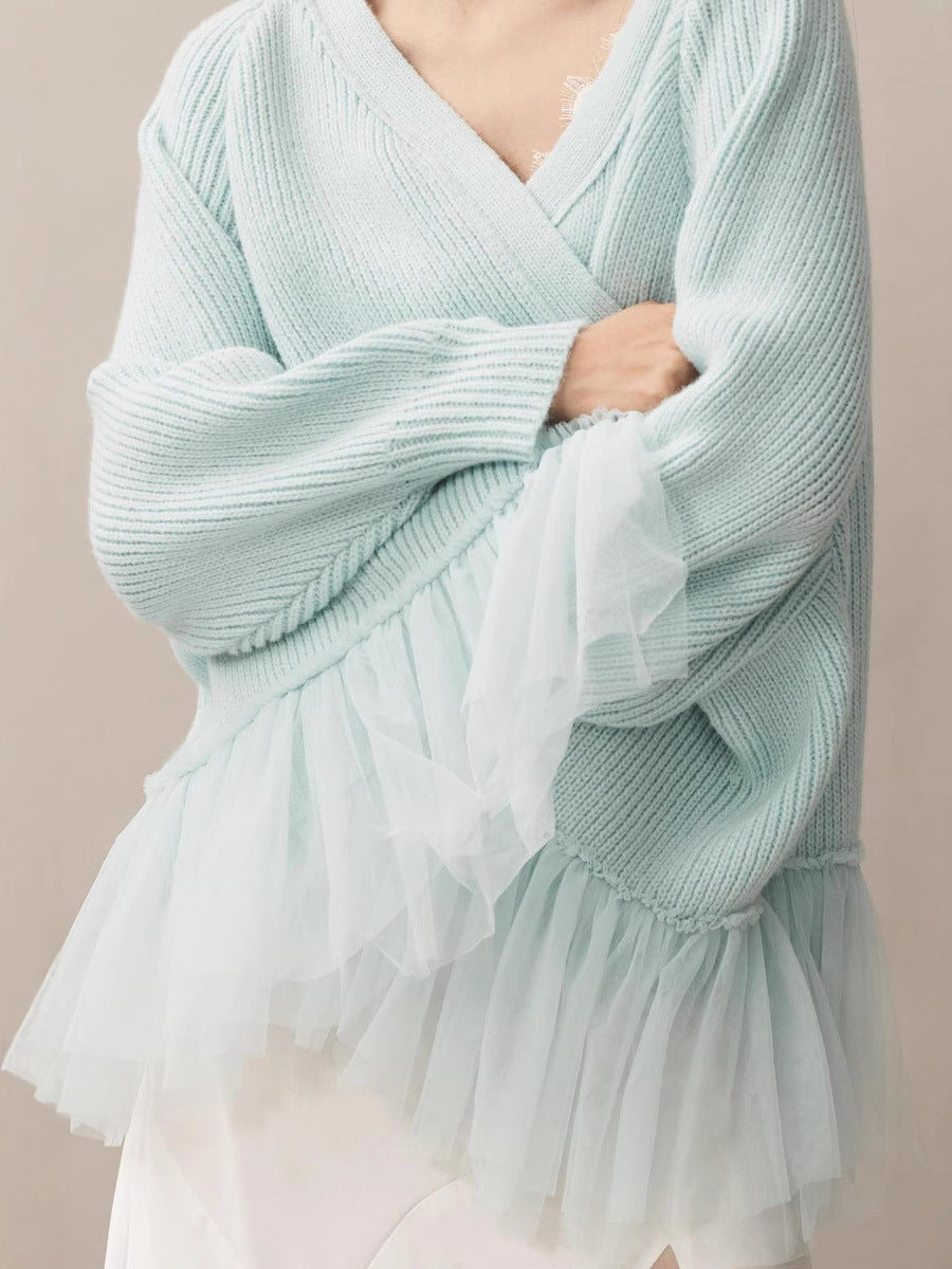 Ruffled Gauze Knitting Sweater Cardigan Long Sleeve