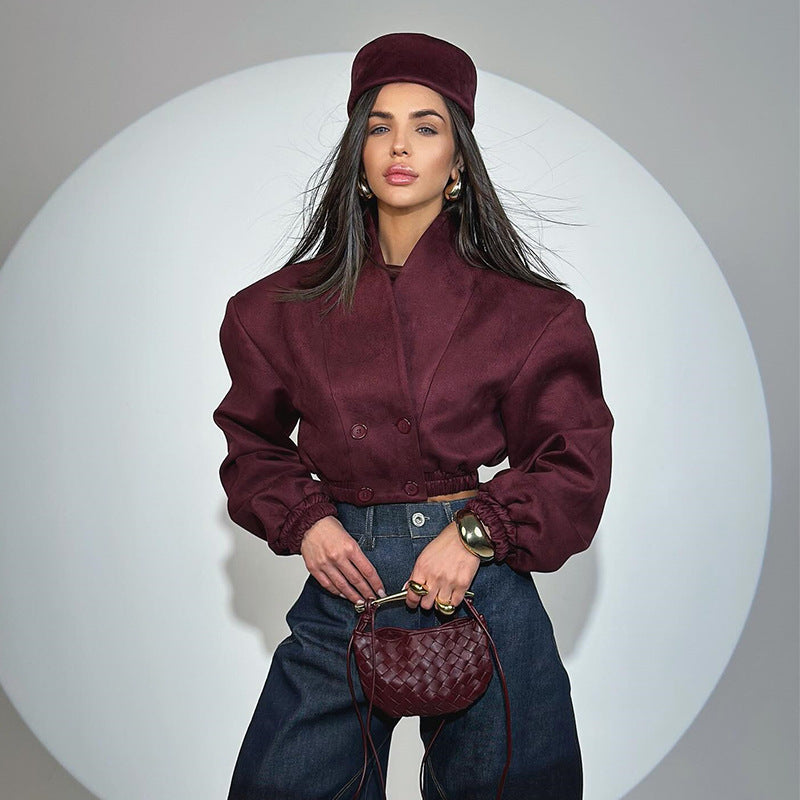 Women's 2025 Spring New Fashion Slim-Fit Wine Red V-Neck Double-Breasted Long Sleeve Short Jacket