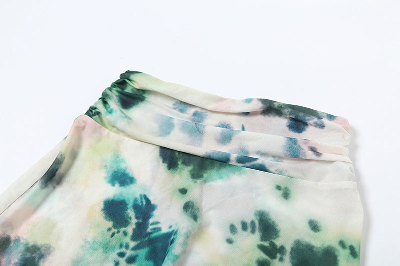 2pcs Tie Dye Printing Deep V-neck Suits Fashion Halter dress