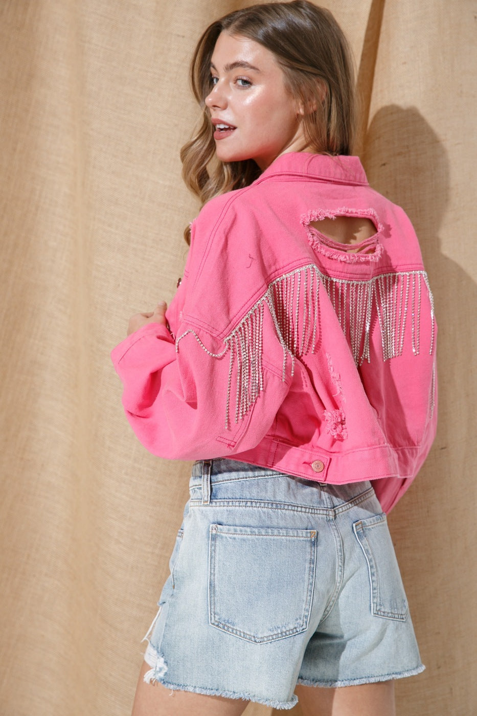Ripped Rhinestone Denim Jacket Tassel Long Sleeve Denim Jacket
