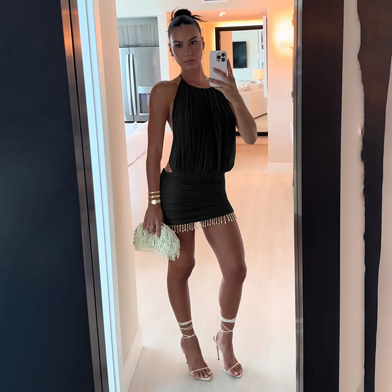 Halter Sleeveless Stitching Tassel Beads Sheath Dress