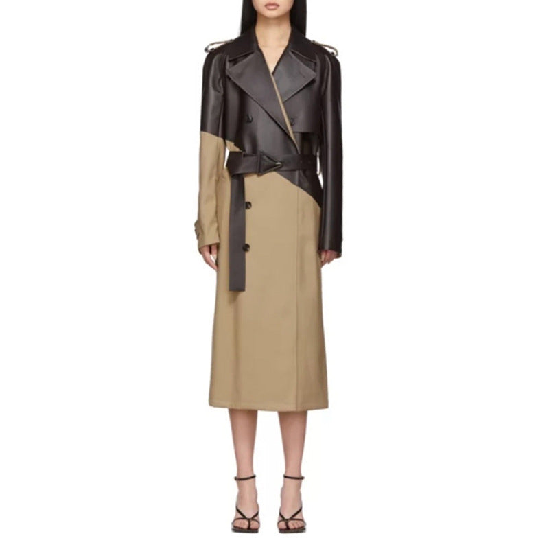 Suit collar stitching leather trench coat over the knee