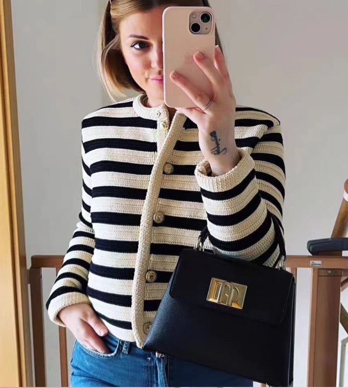Buckle Striped Classic Style Knitted Cardigan Sweater Short Coat