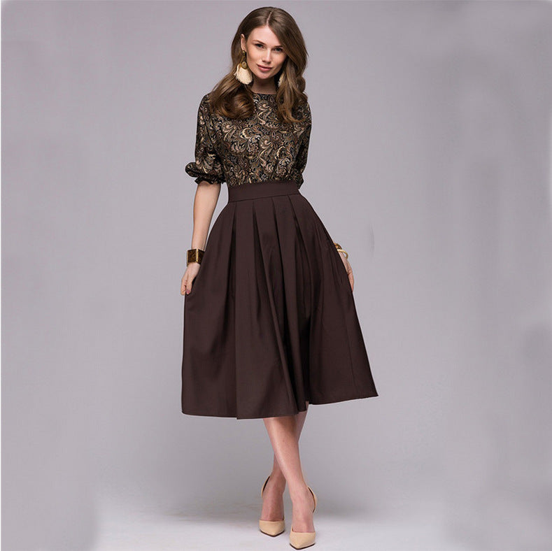 Ladies Vintage Crinkle Print Contrast Dress