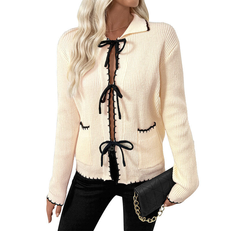 Sweet Bow Lace-up Turn-down Collar Trim Contrast Color Sweater Women's Cardigan