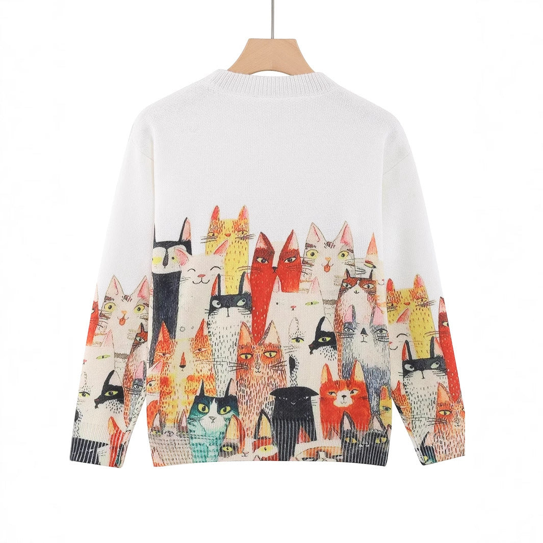 Plus Size Women's Knitted Cute Cat Casual Fashion Pullover Top