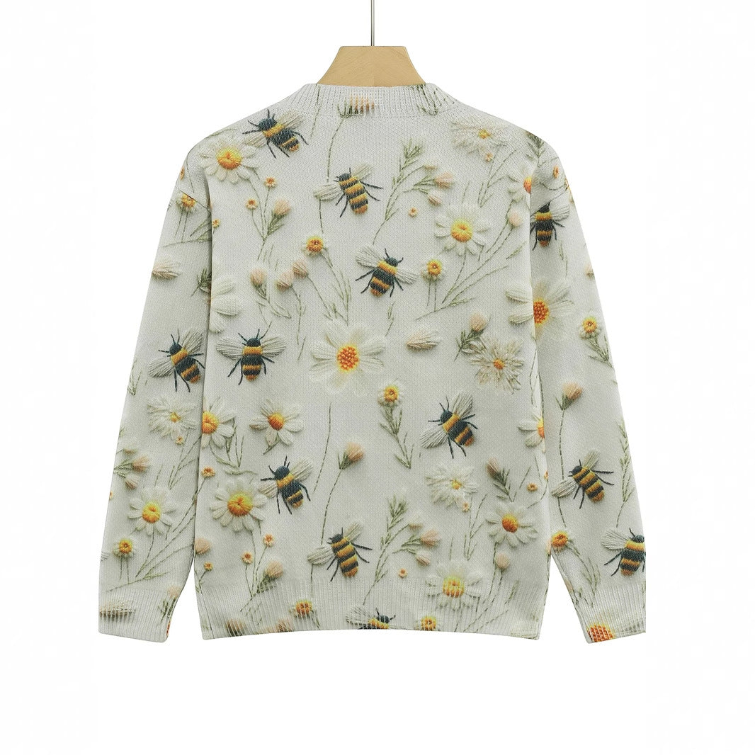 Women's Knitted Sweater Sweater Round Neck Printed Bee Flower Top