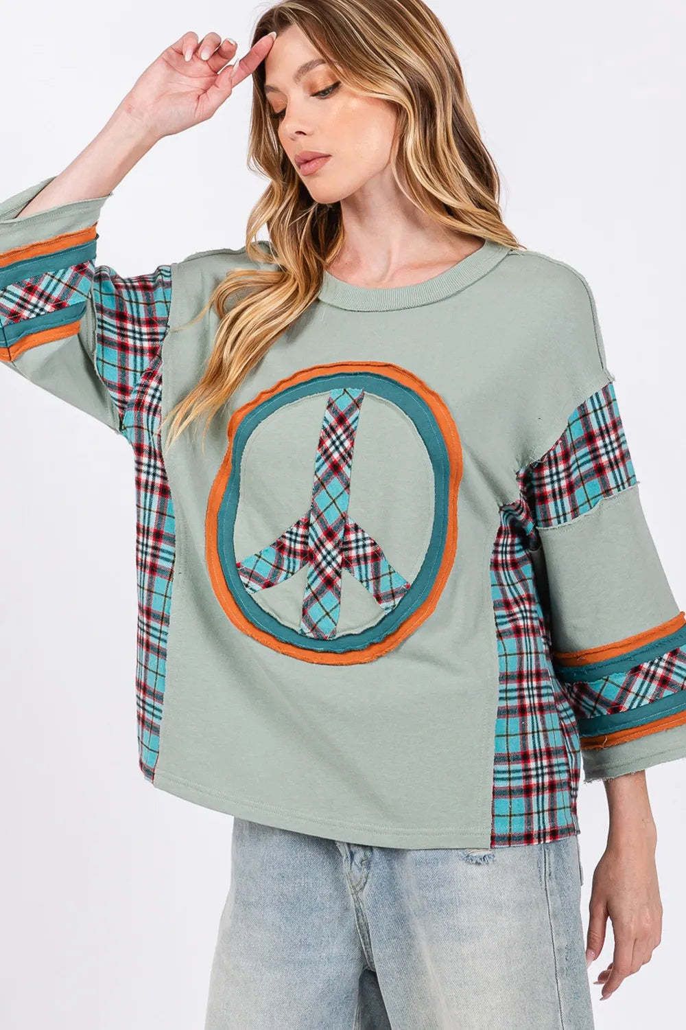 SAGE  FIG Peace Applique Patch Contrast Plaid Top