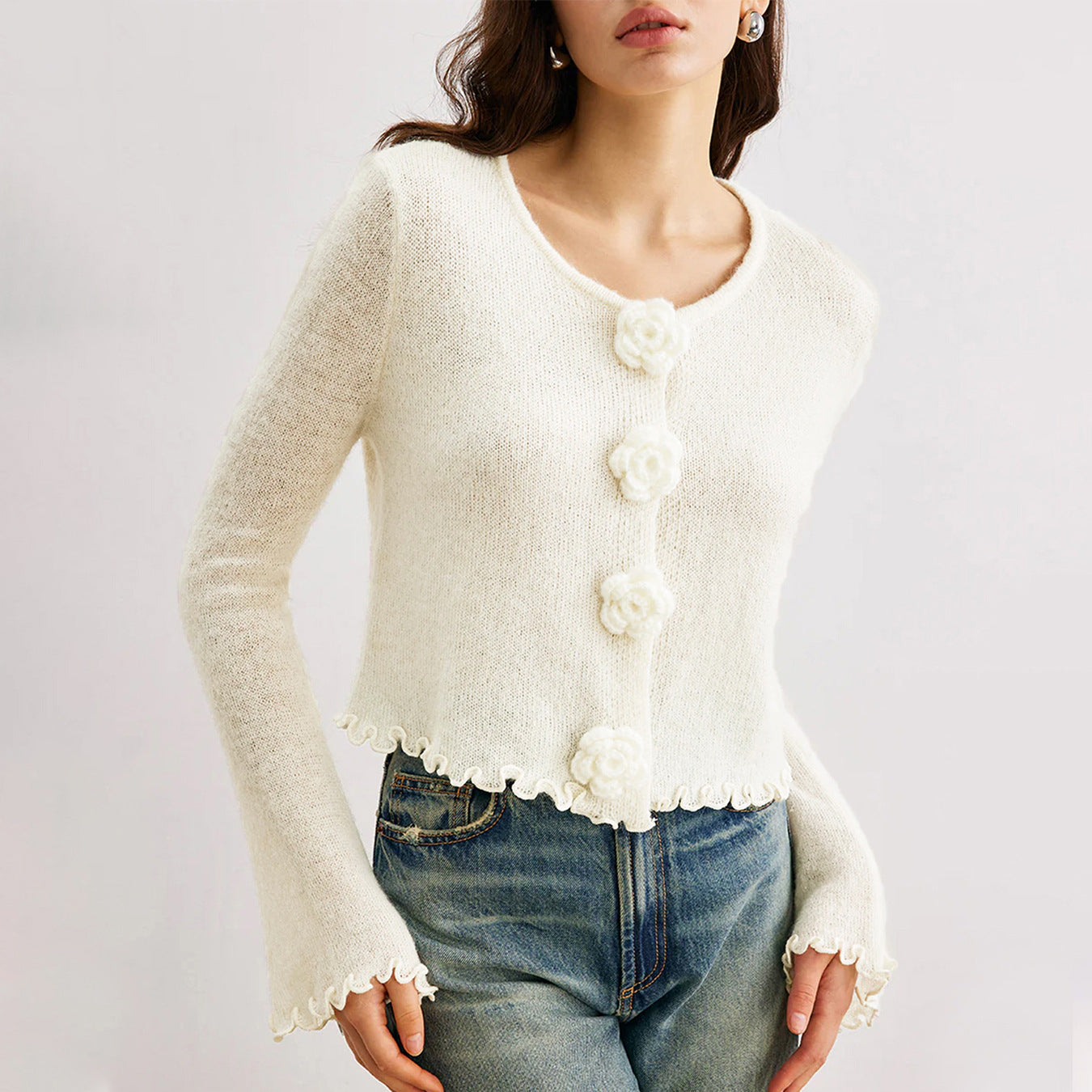 Three-dimensional Flower Slim Fit Stringy Selvedge Knitwear