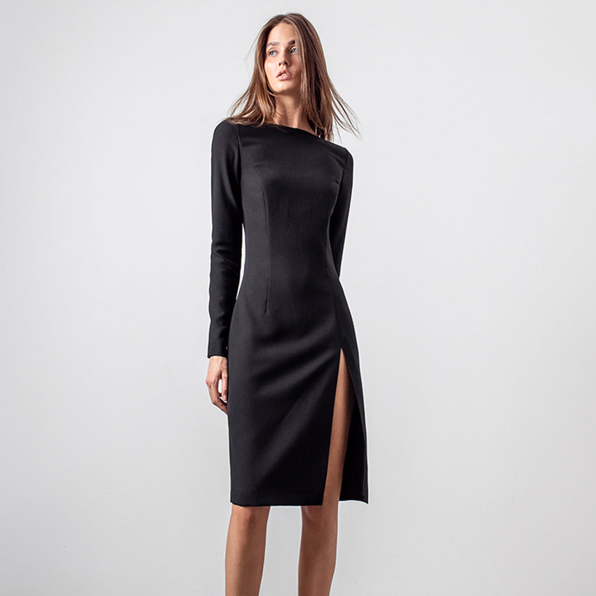 Women's Knitted Slit Sexy Long-sleeved Right-angle Shoulder Commuter French Dress