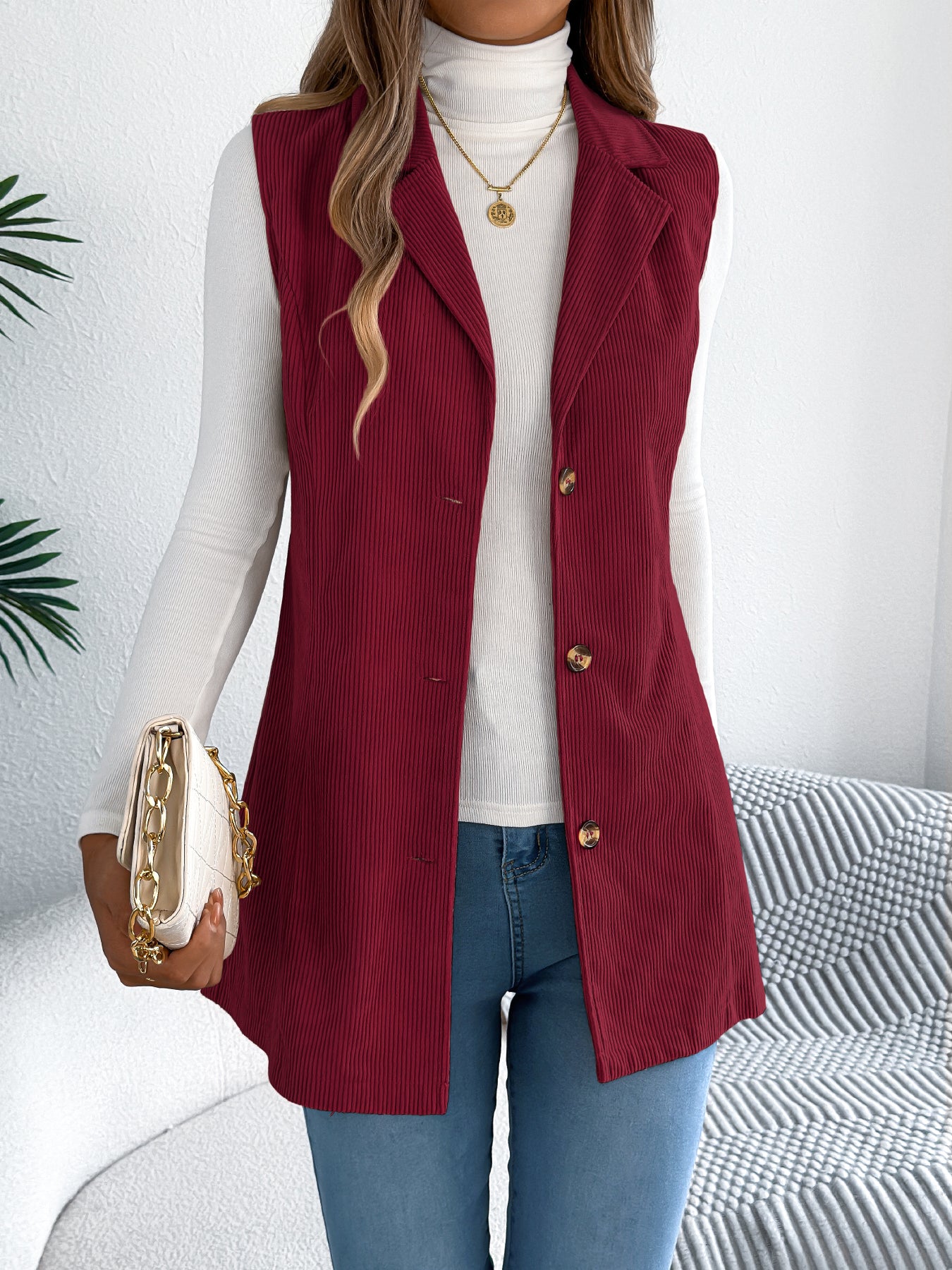 Women's Casual Single-Breasted Blazer Lapel Corduroy Vest Jacket