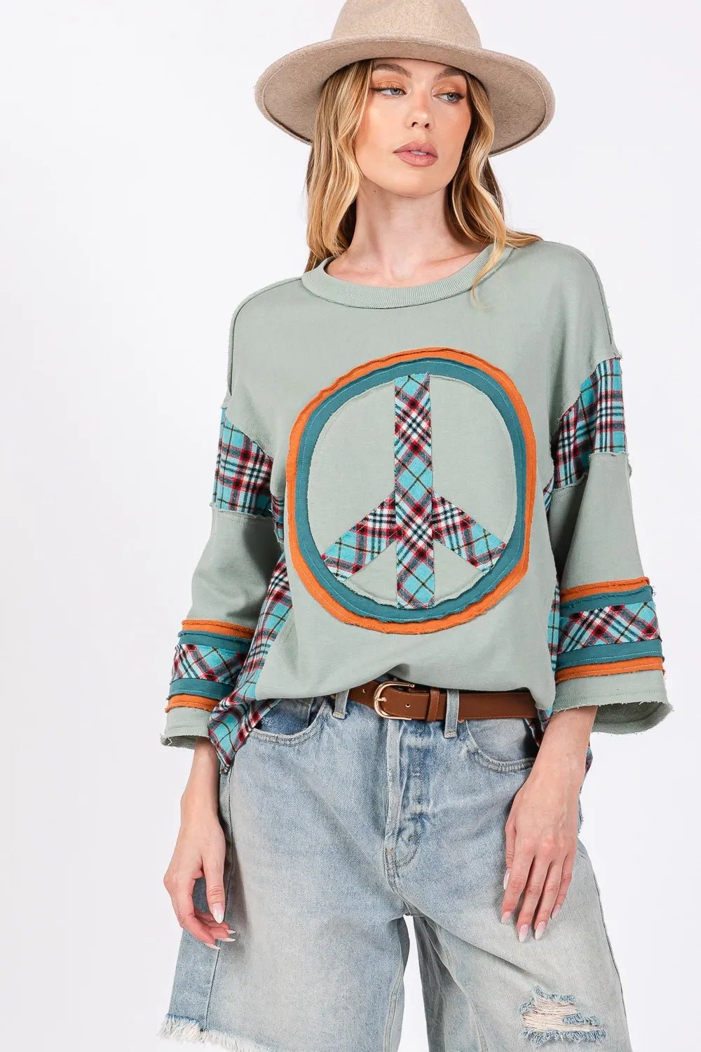 SAGE  FIG Peace Applique Patch Contrast Plaid Top