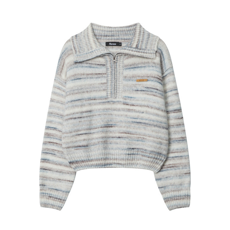 Lapel Short Sweet Half Zip Sweater For Women Striped Minimalist