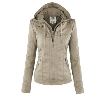Detachable Hooded Jacket With Pockets Casual Solid Color Zipper Long Sleeve Leather Coat Autumn Winter Women's Clothing