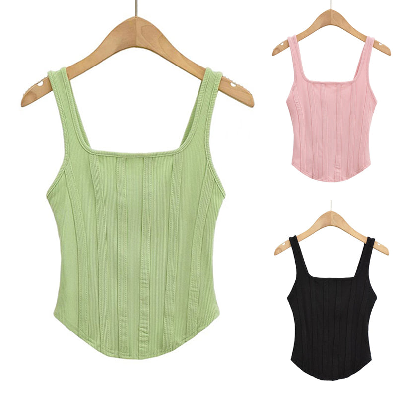 Slim Fit Striped Square Neck Solid Color Sleeveless Tank Top
