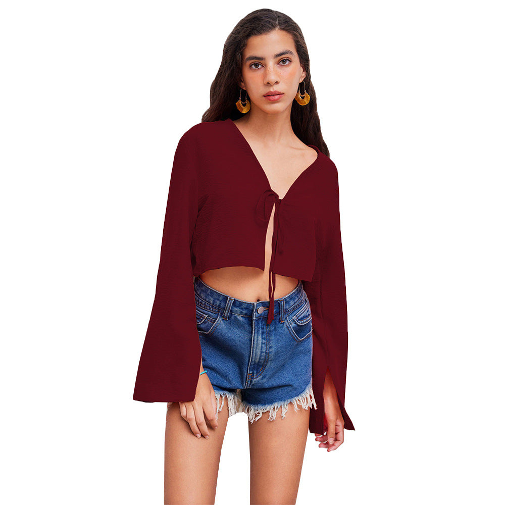 European And American Sexy V-neck T-shirt Autumn And Winter Chest Tie Small Batch Wine Red Cardigan Women