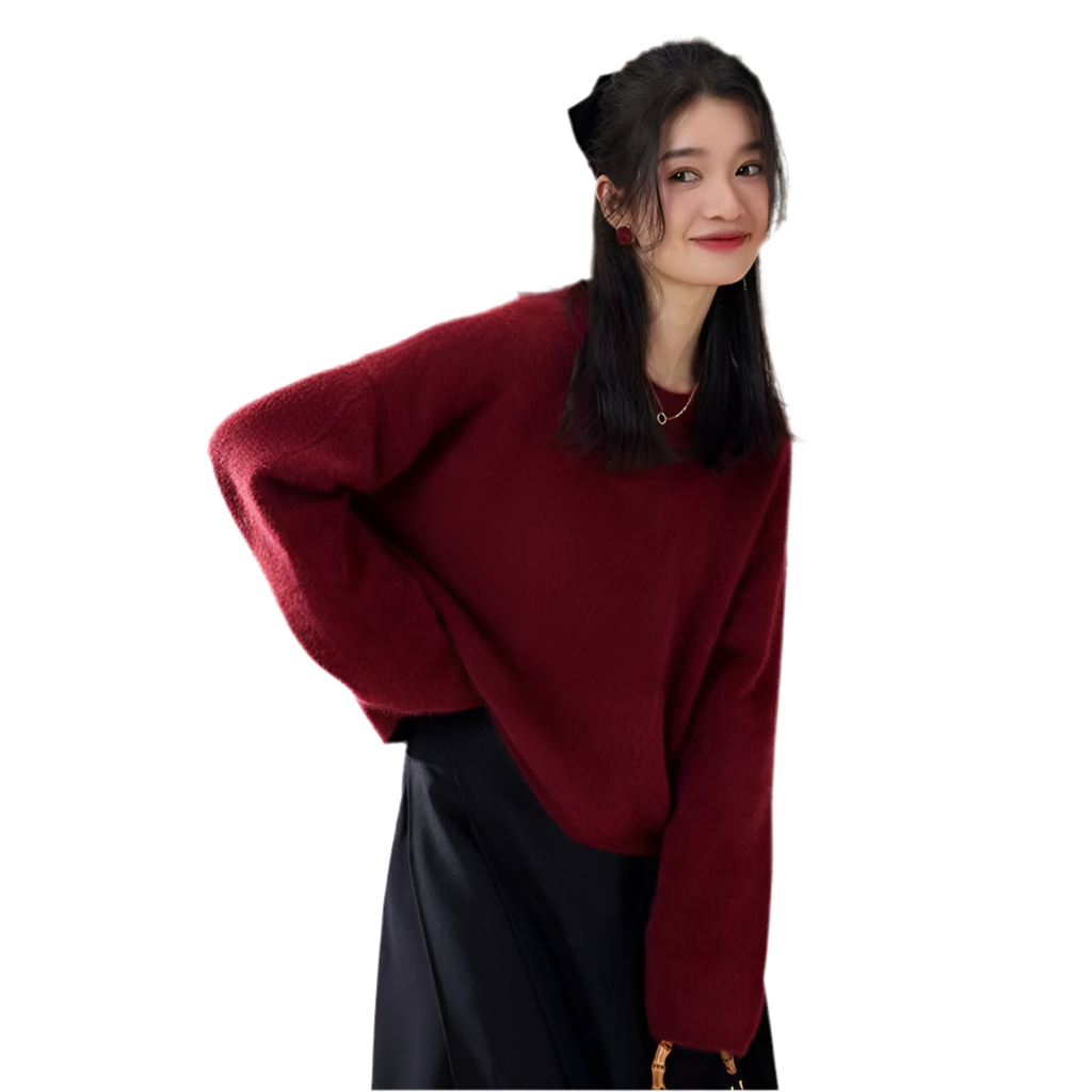 Red Pullover Women's Fall And Winter Outer Wear Mid-length Comfortable Retro Slit Knit Sweater