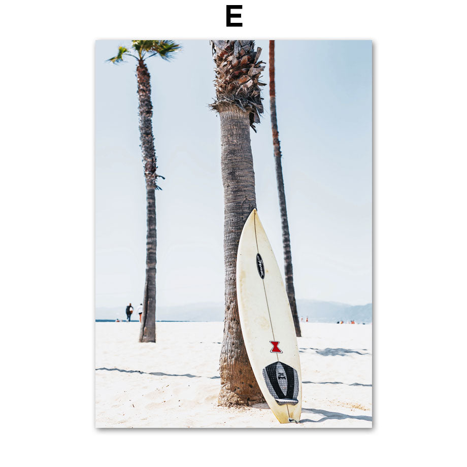 Ocean Beach Palm Tree Barca A Vela Tavola Da Surf Torre Paesaggio Wall Art Canvas Painting